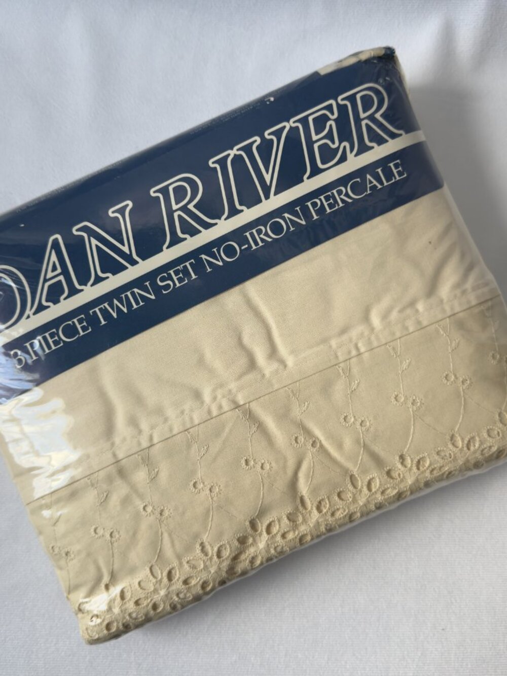 Vtg 1985 Dan River Celanese Fortrel 3 PC Twin Sheet Set Deanna Beige Eyelet Lace